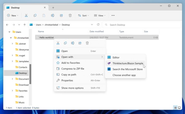 A screenshot showing a Windows Explorer window with a context menu for a text file. A Blazor WebAssembly app appears as a compatible program.