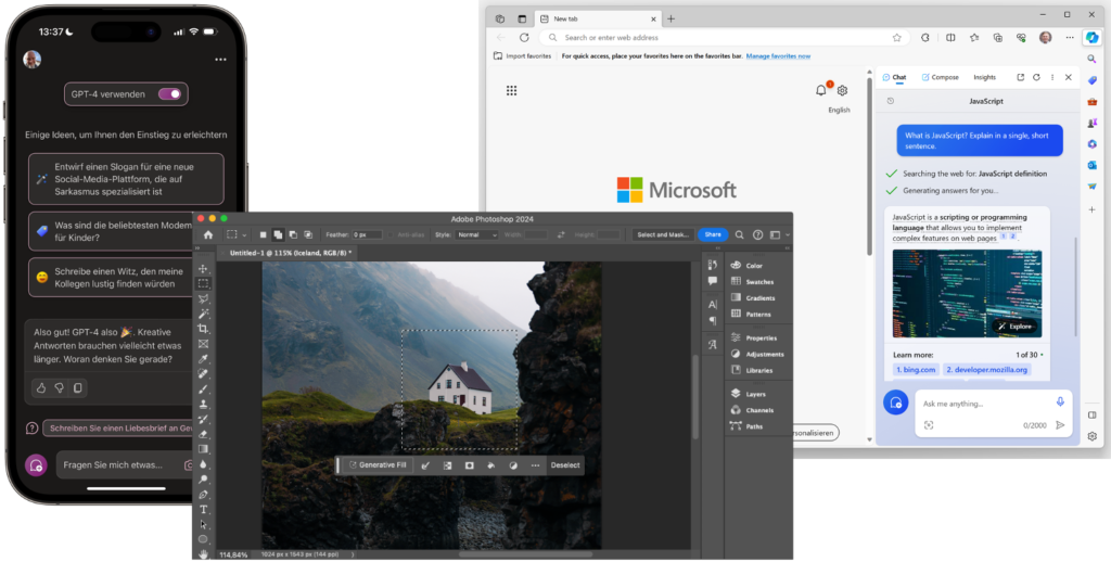 Screenshots verschiedener KI-Assistenten: Microsoft Copilot, Generative Fill in Adobe Photoshop und der Bing Chat.