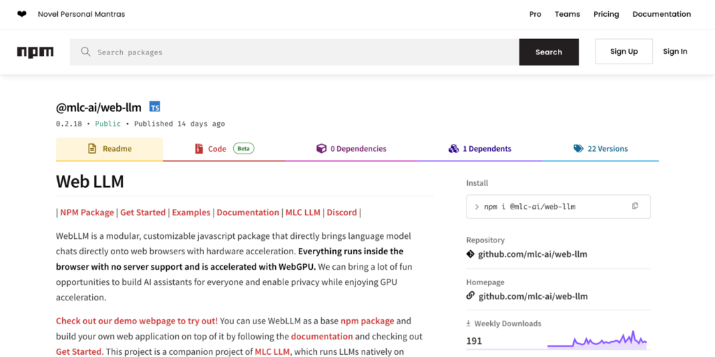 Screenshot der npm-Paketseite zu Web LLM.