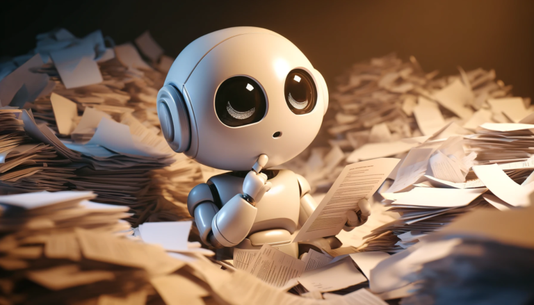 A cute, confused robot sitting in a pile of documents, seareching for the right one